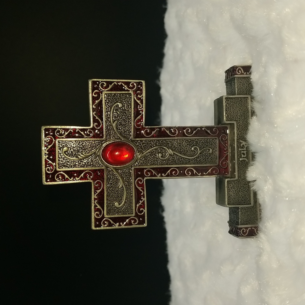 Ornate Pewter 2003 "July" Birthday Ruby Red Gemstone Standing Cross Statue - Picture 2 of 11